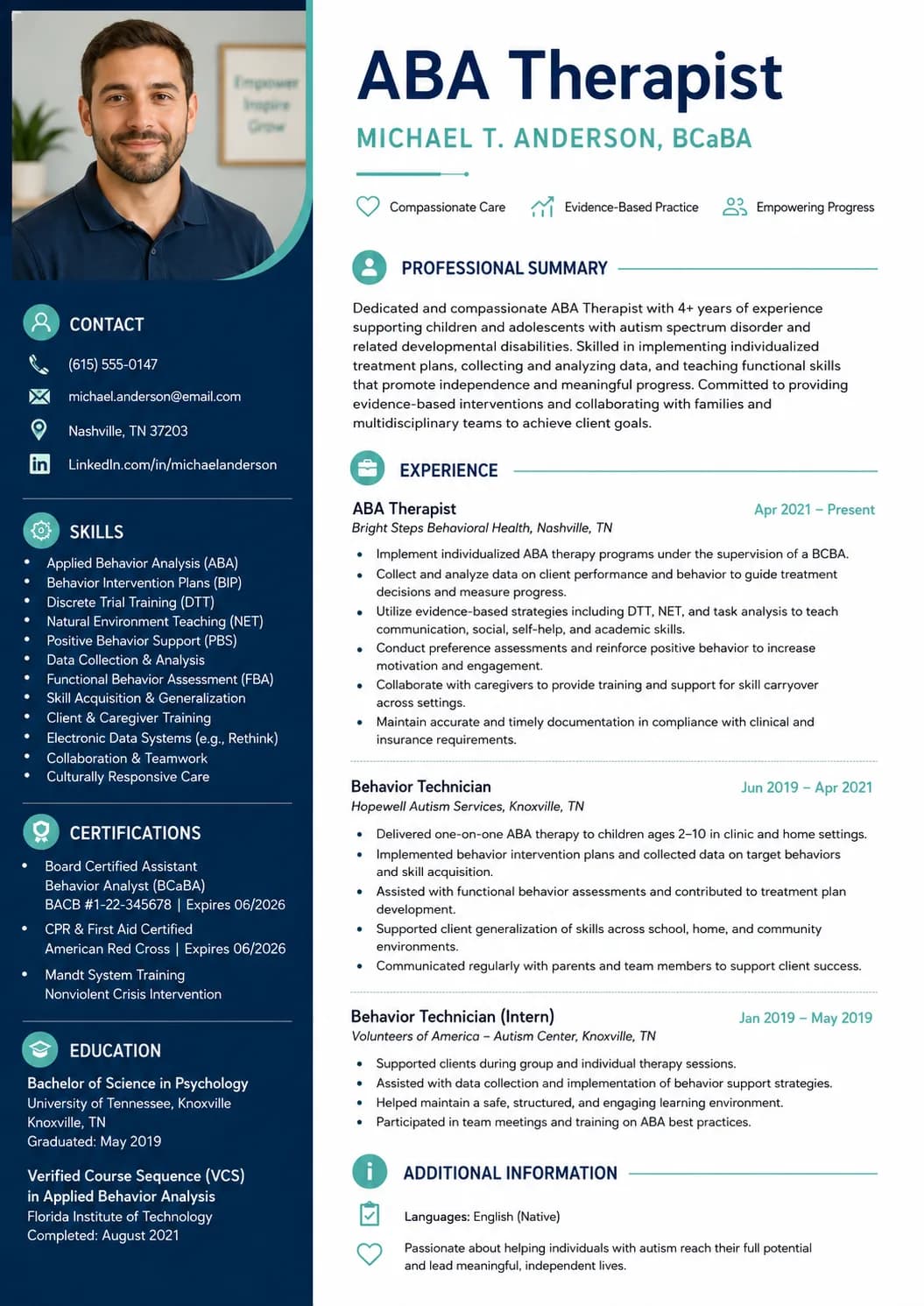 ABA Therapist resume example image