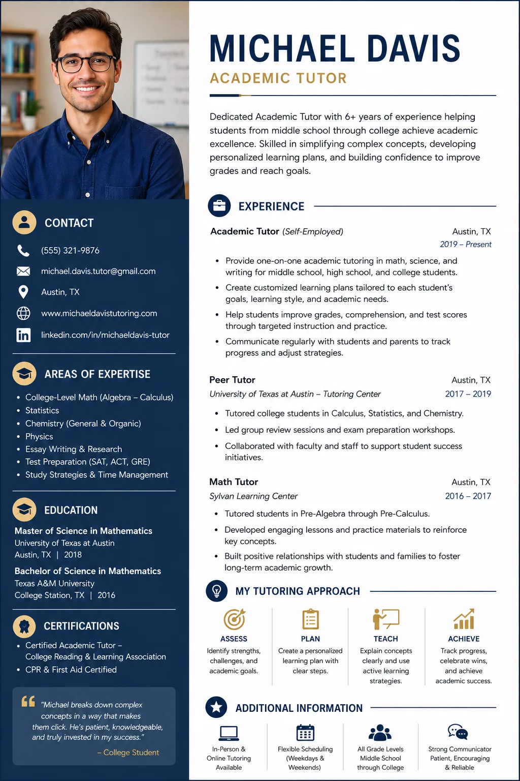 Academic Tutor resume example image