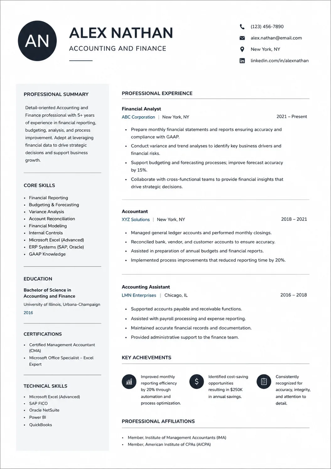 Accounting and Finance resume example preview