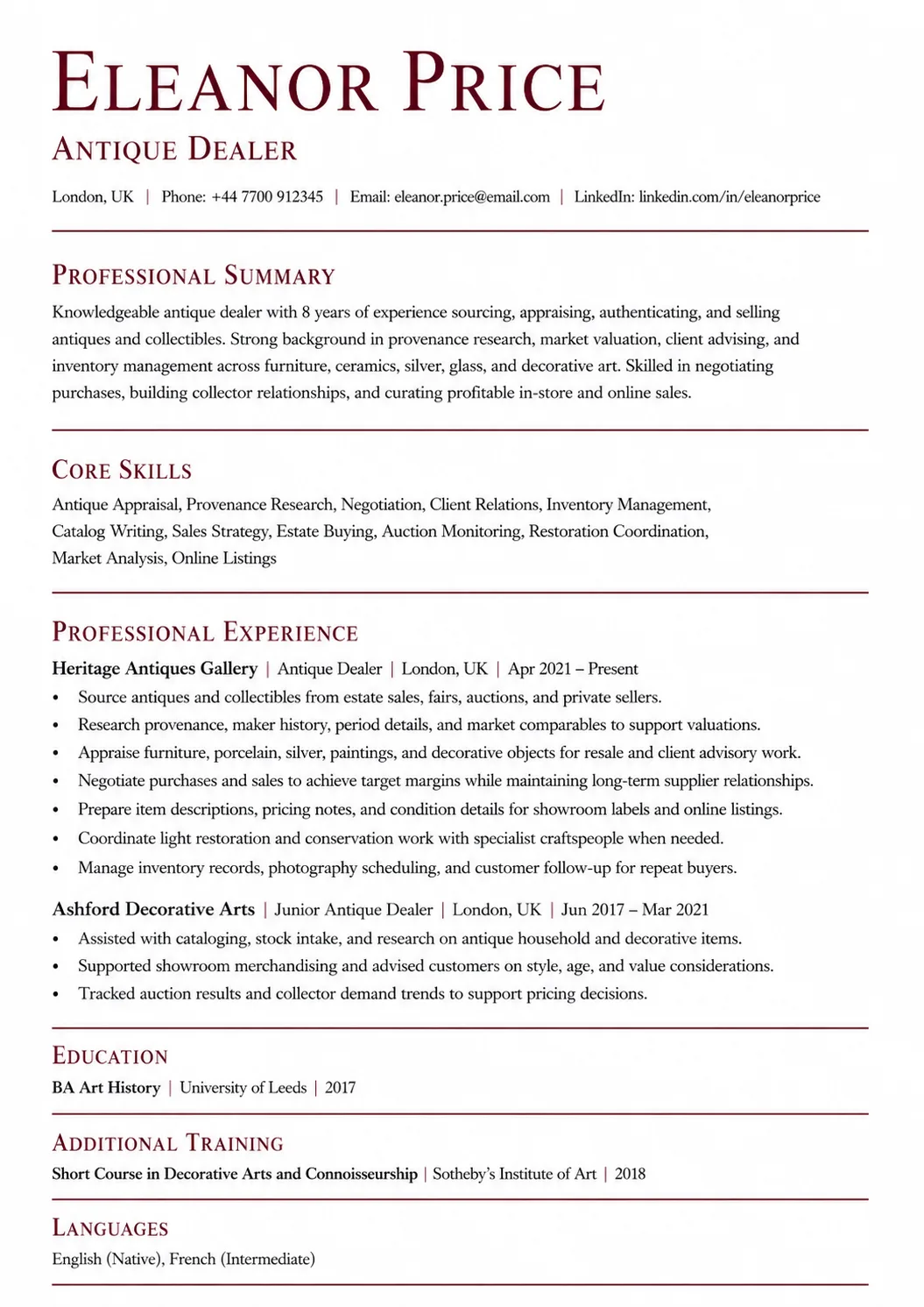 Antique Dealer resume example image