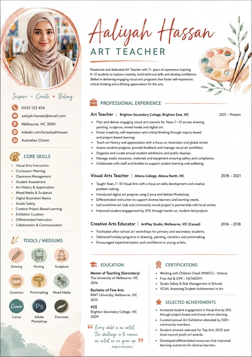Art Teacher resume example preview