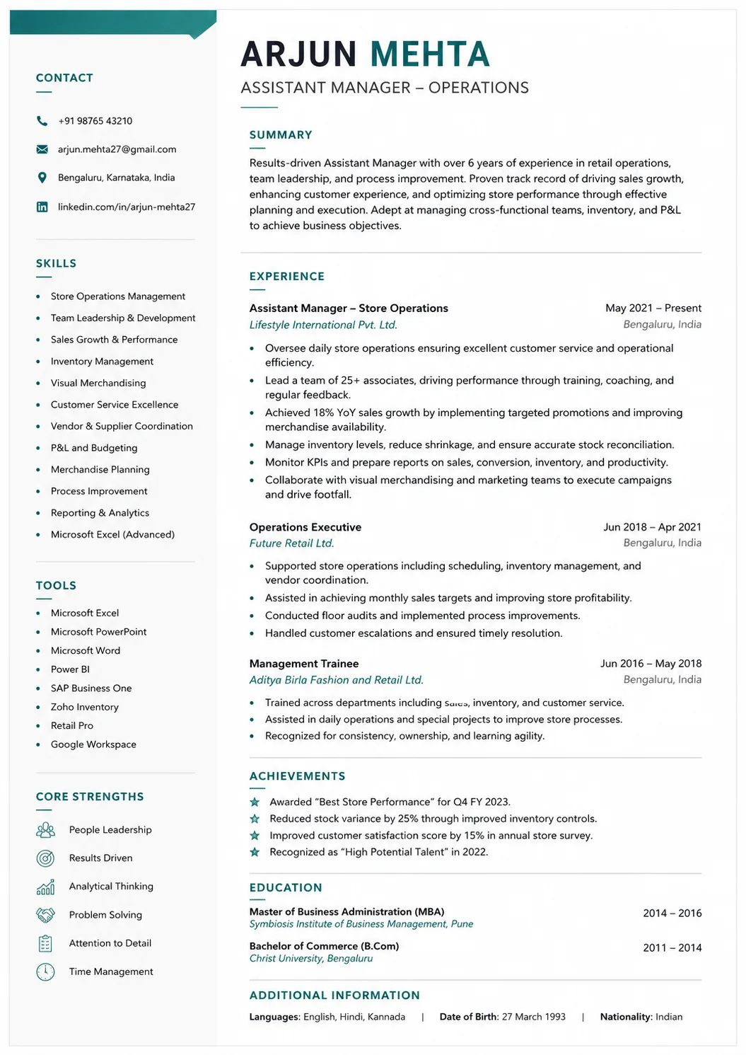 Assistant Manager resume example image