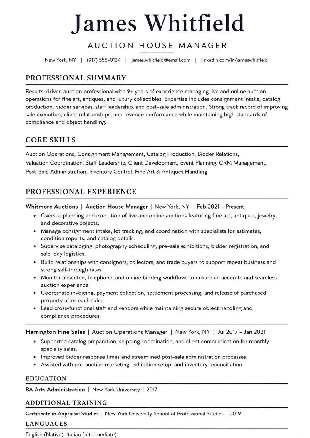 Auction House Manager resume example preview
