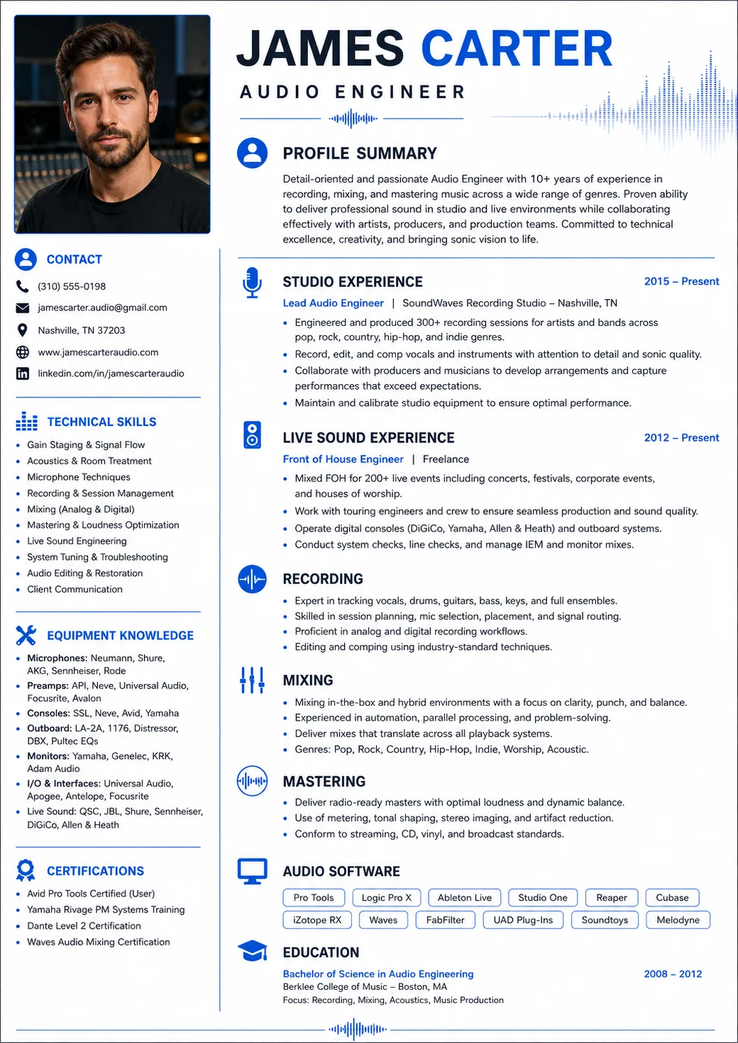 Audio Engineer resume example preview