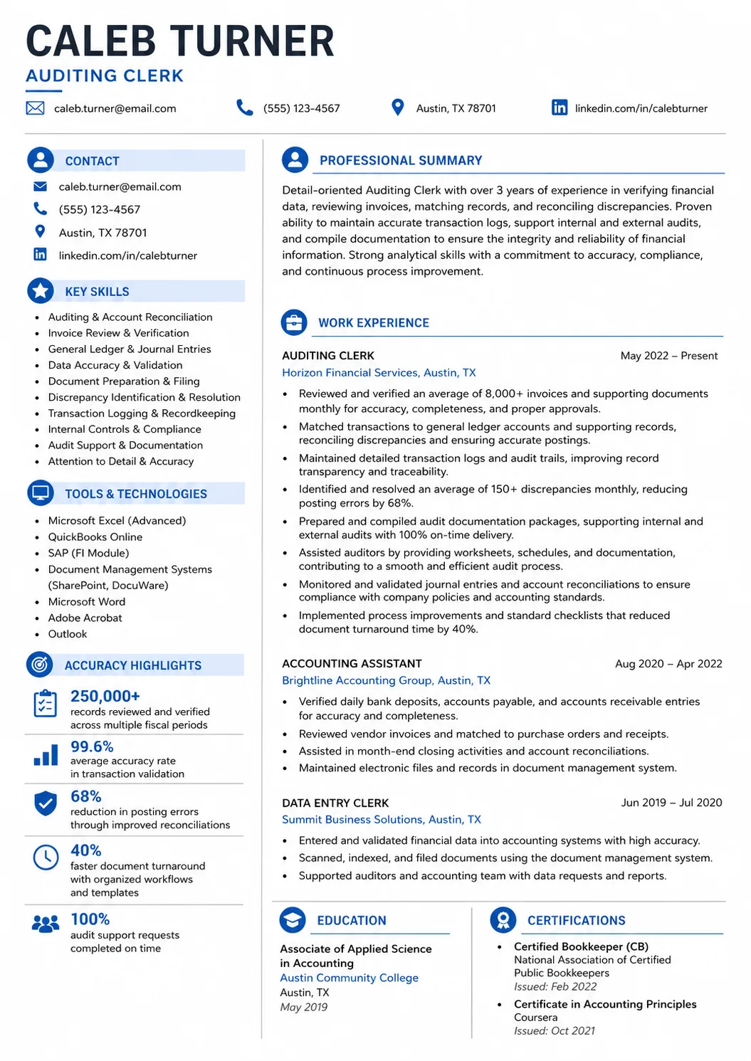 Auditing Clerk resume example preview