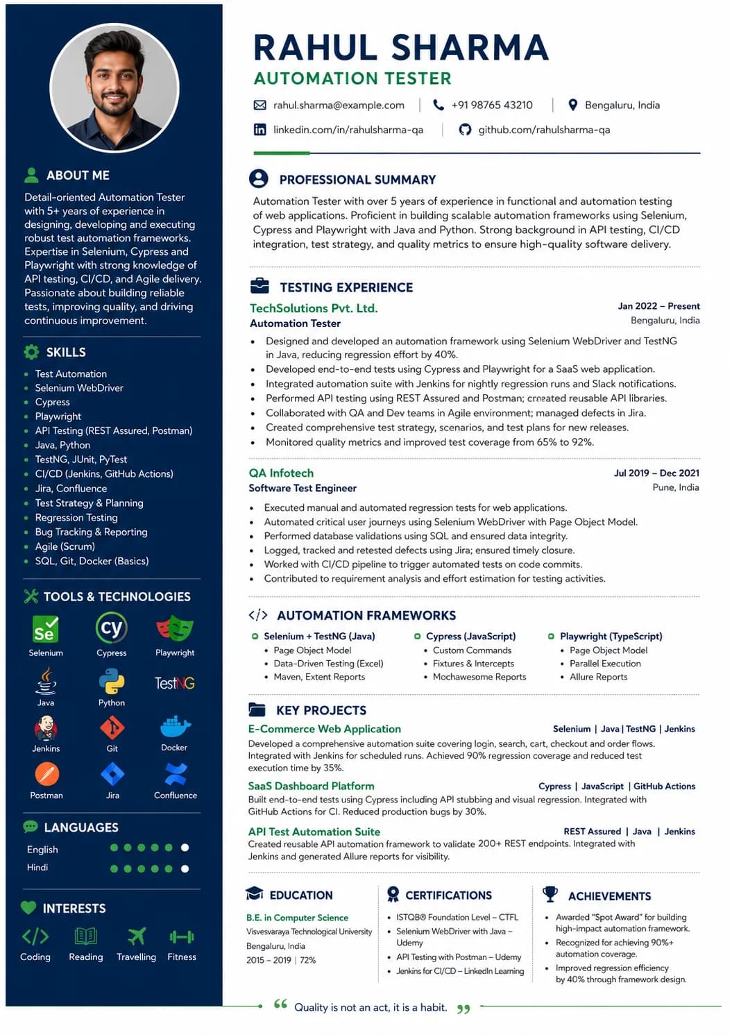 Automation Tester resume example preview