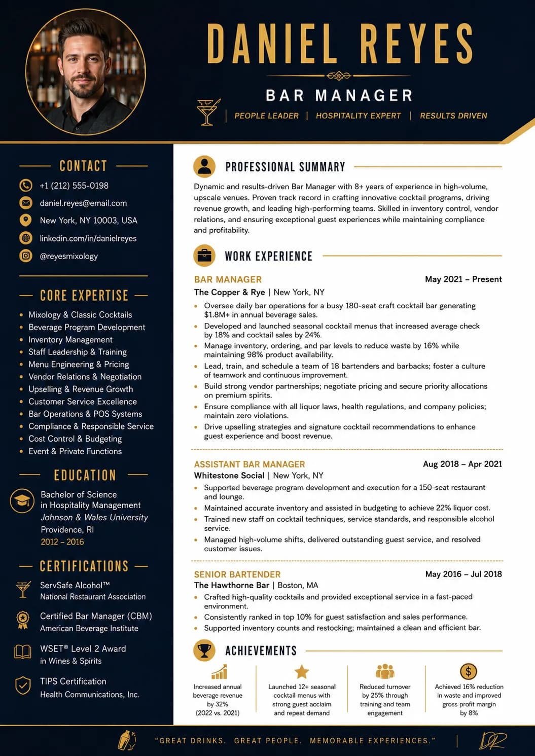 Bar Manager resume example preview