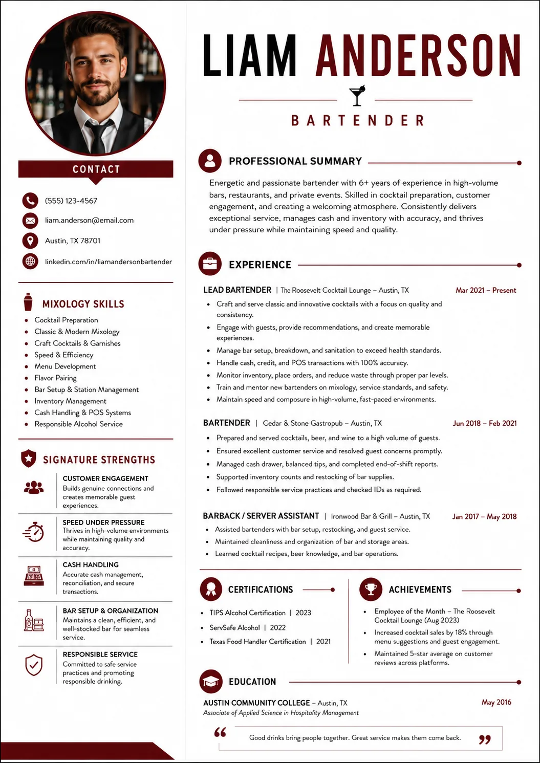 Bartender resume example image