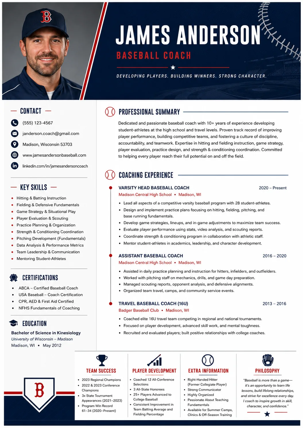 Baseball Coach resume example preview