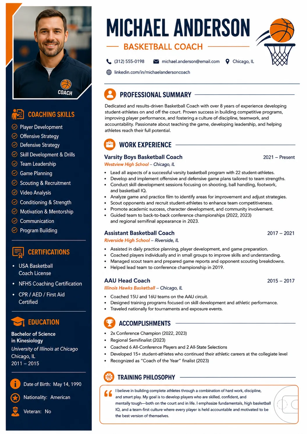 Basketball Coach resume example image