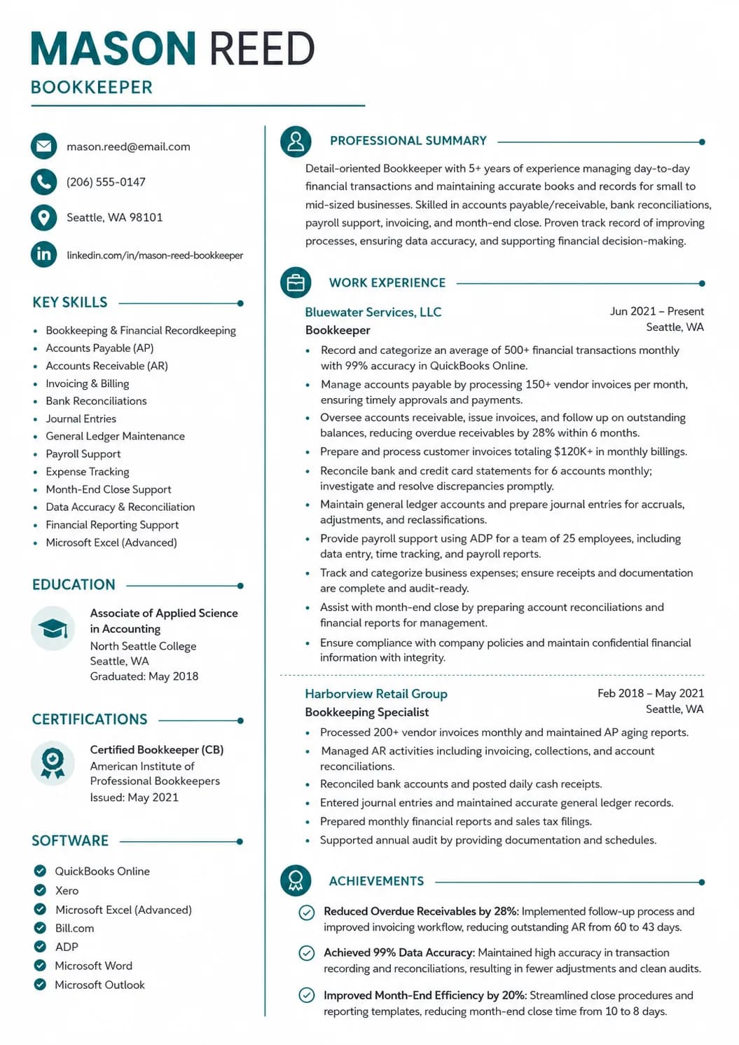 Bookkeeper resume example image