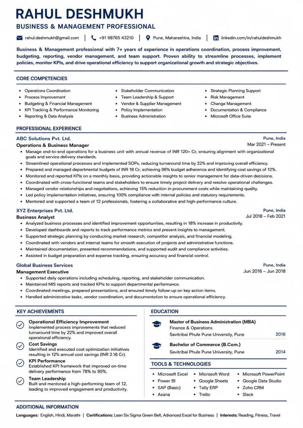Business and Management resume example preview