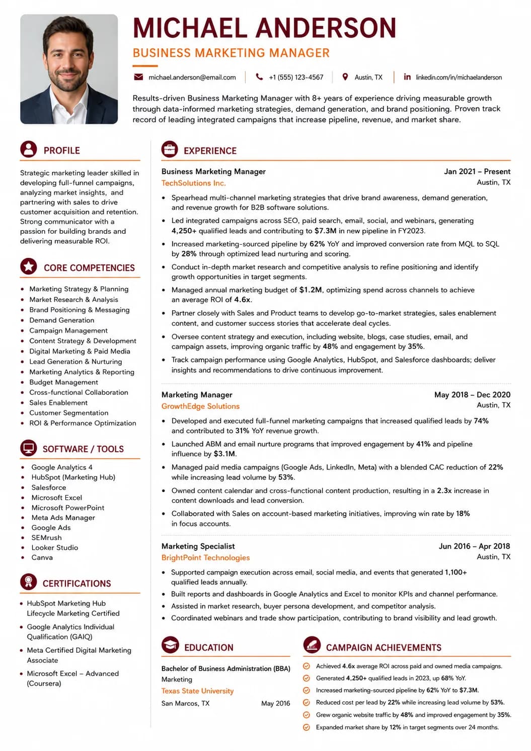 Business Marketing Manager resume example preview