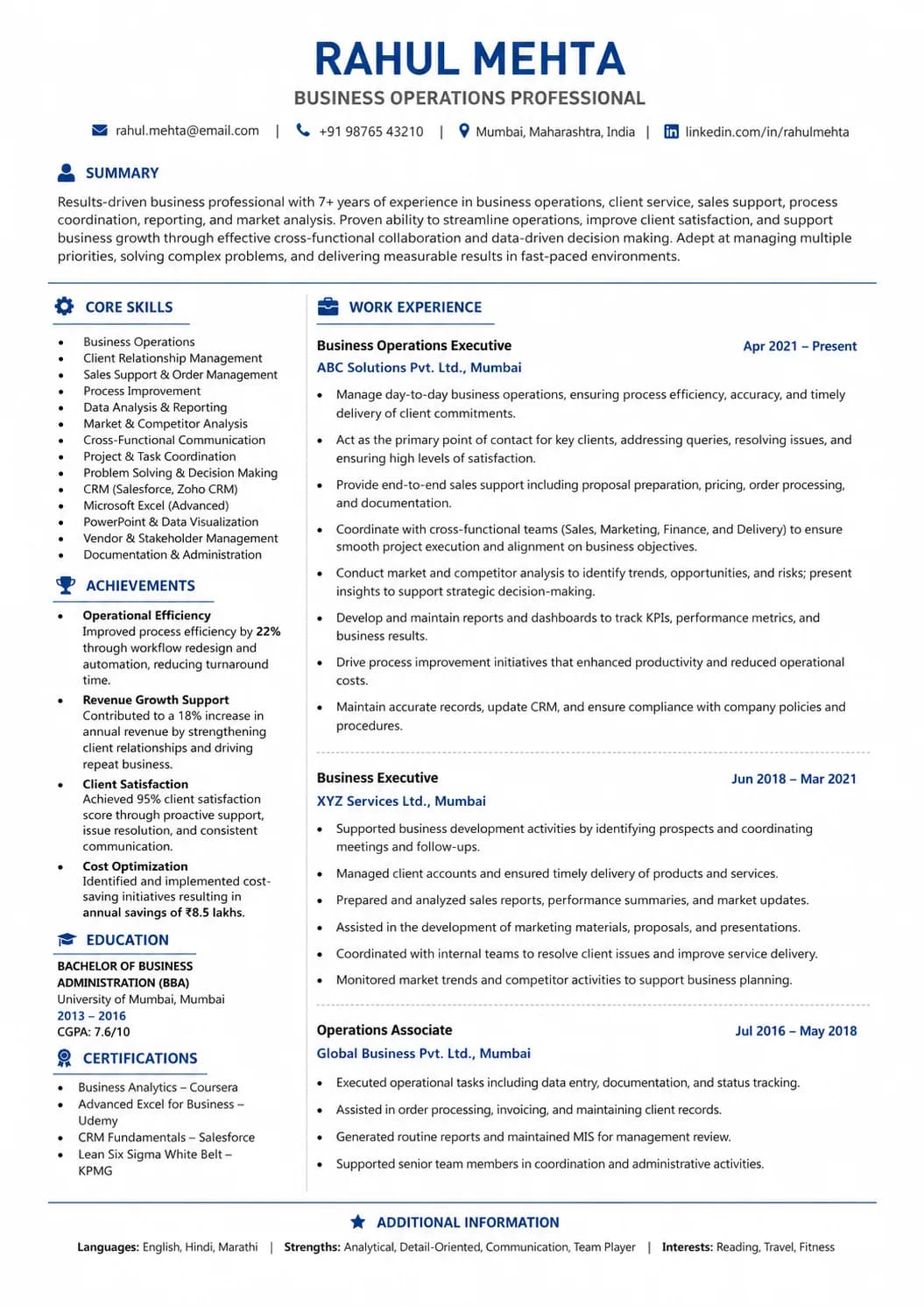 Business resume example preview