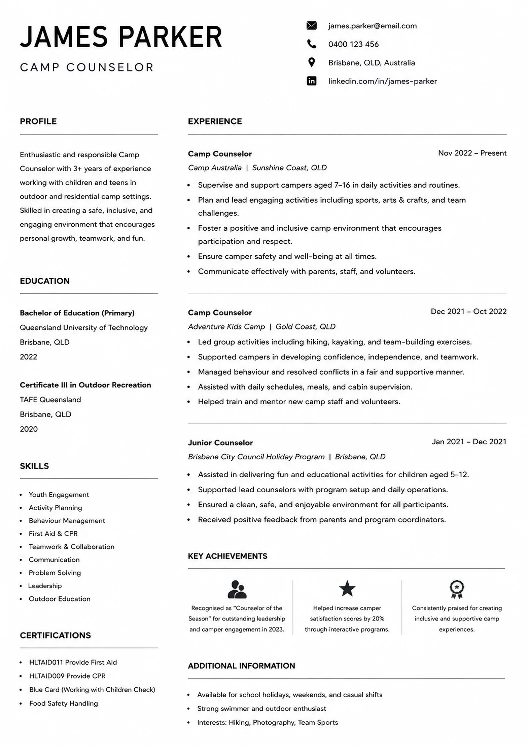 Camp Counselor resume example image