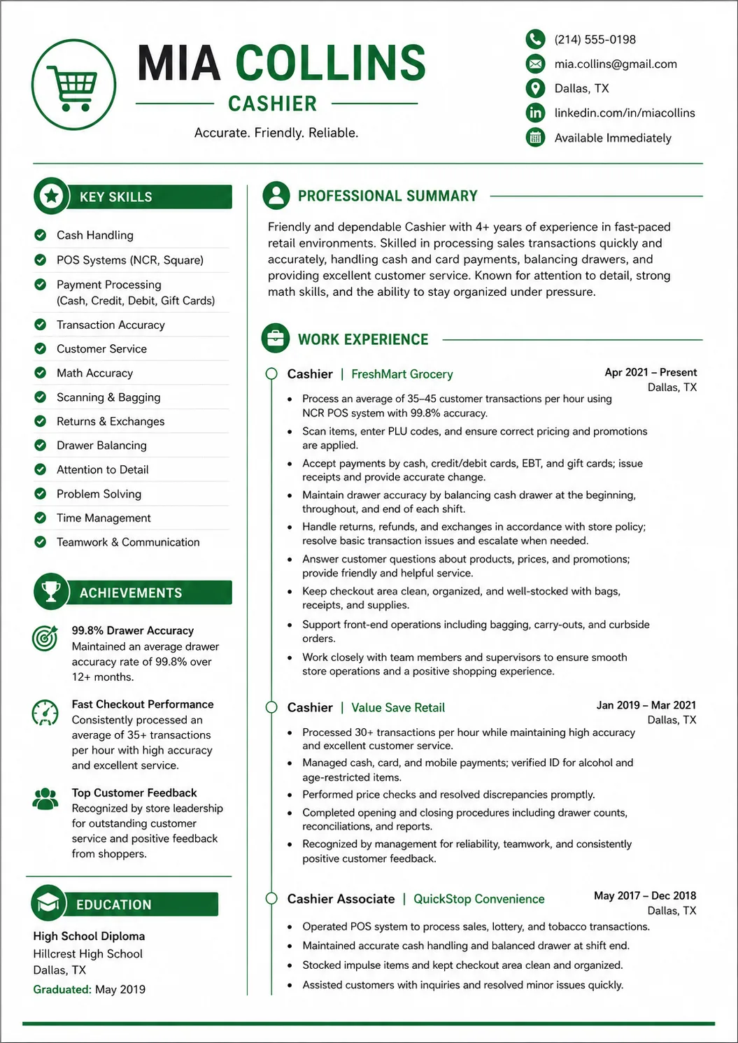 Cashier resume example image