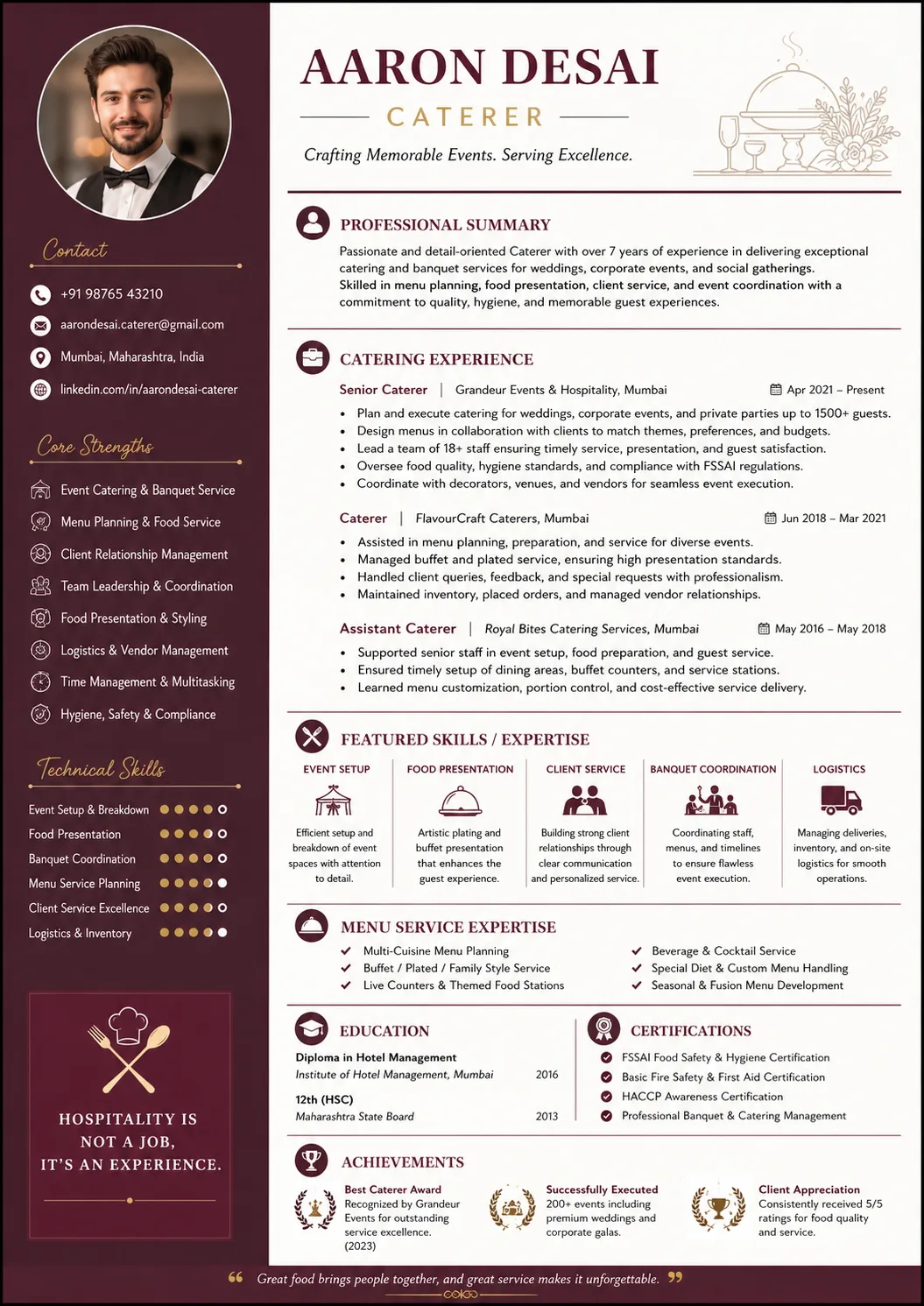 Caterer resume example preview