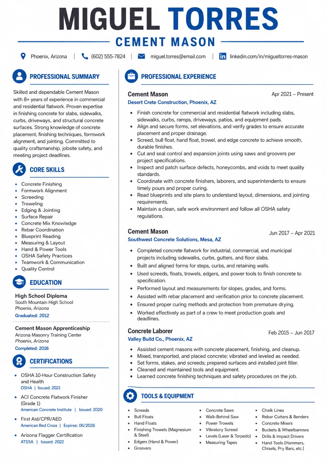 Cement Mason resume example preview