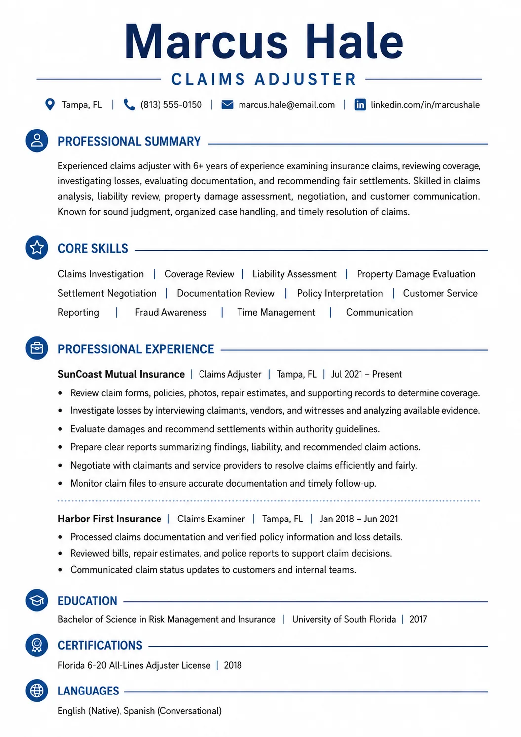 Claims Adjuster resume example image