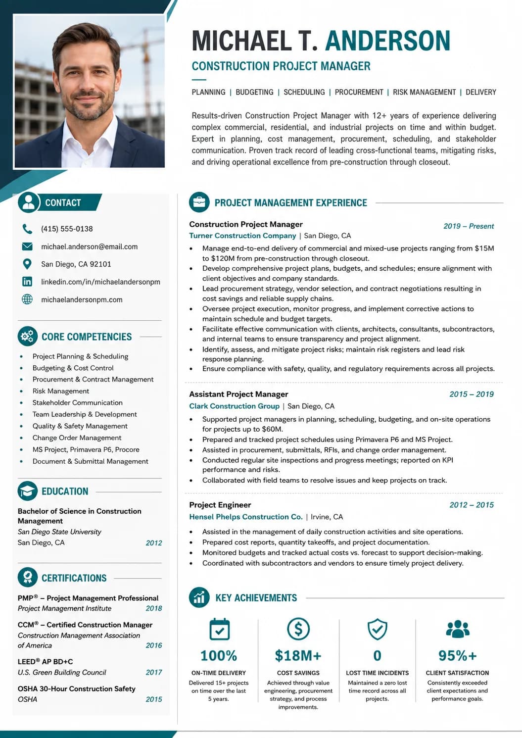 Construction Project Manager resume example image