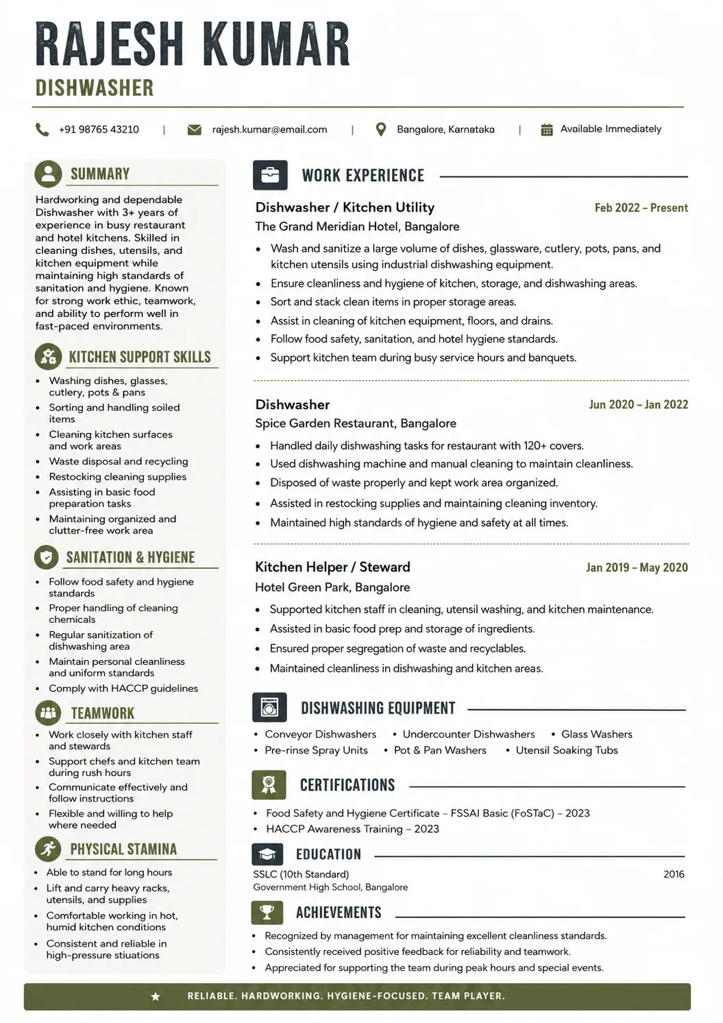 Dishwasher resume example image