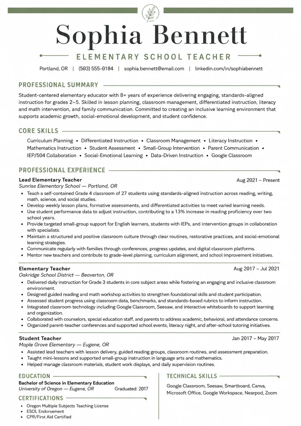 Elementary School Teacher resume example image