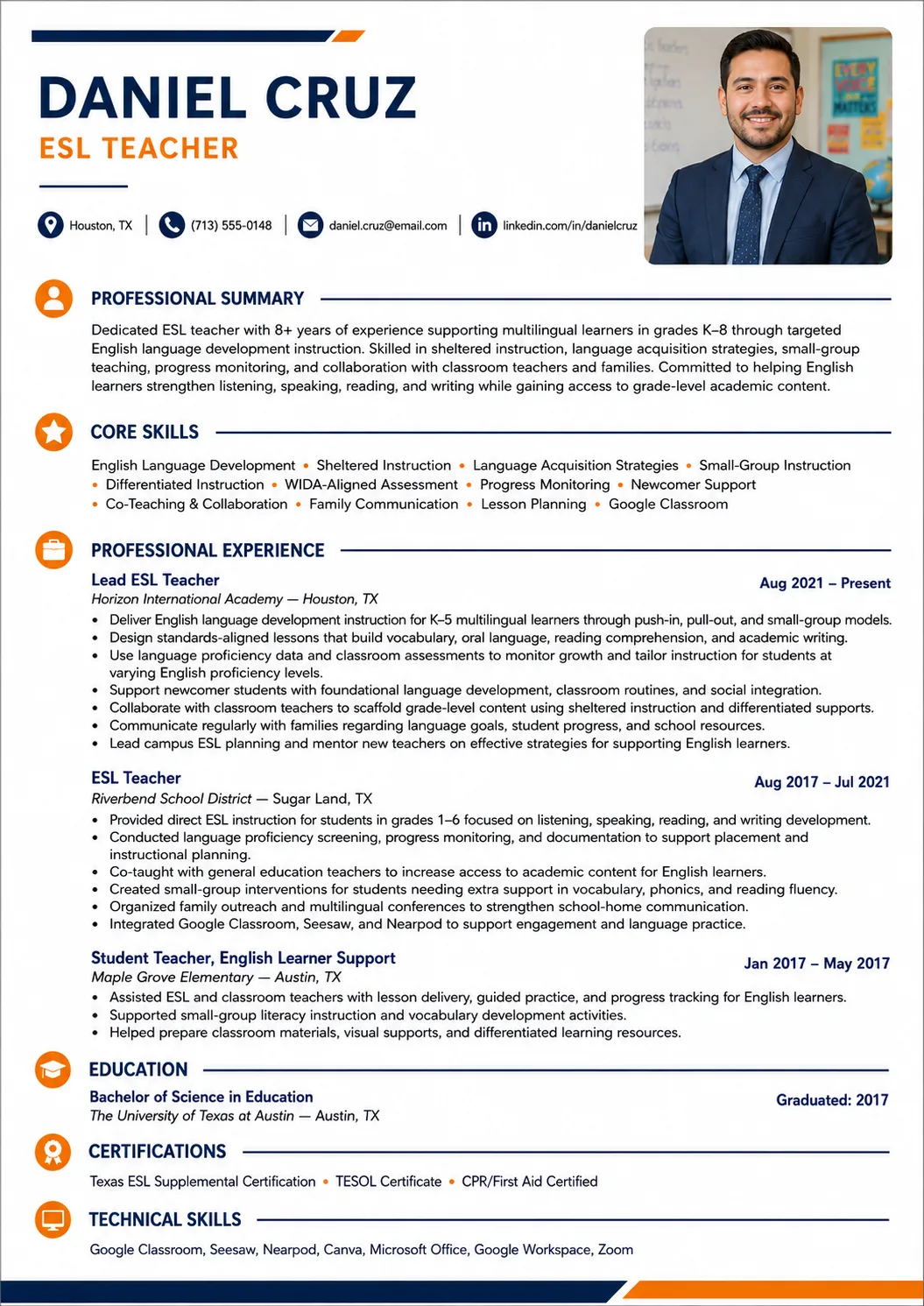 ESL Teacher resume example image