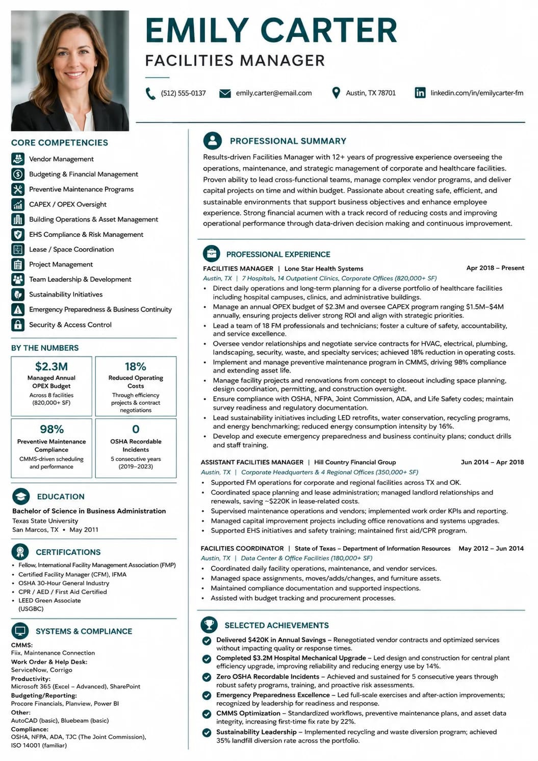 Facilities Manager resume example image