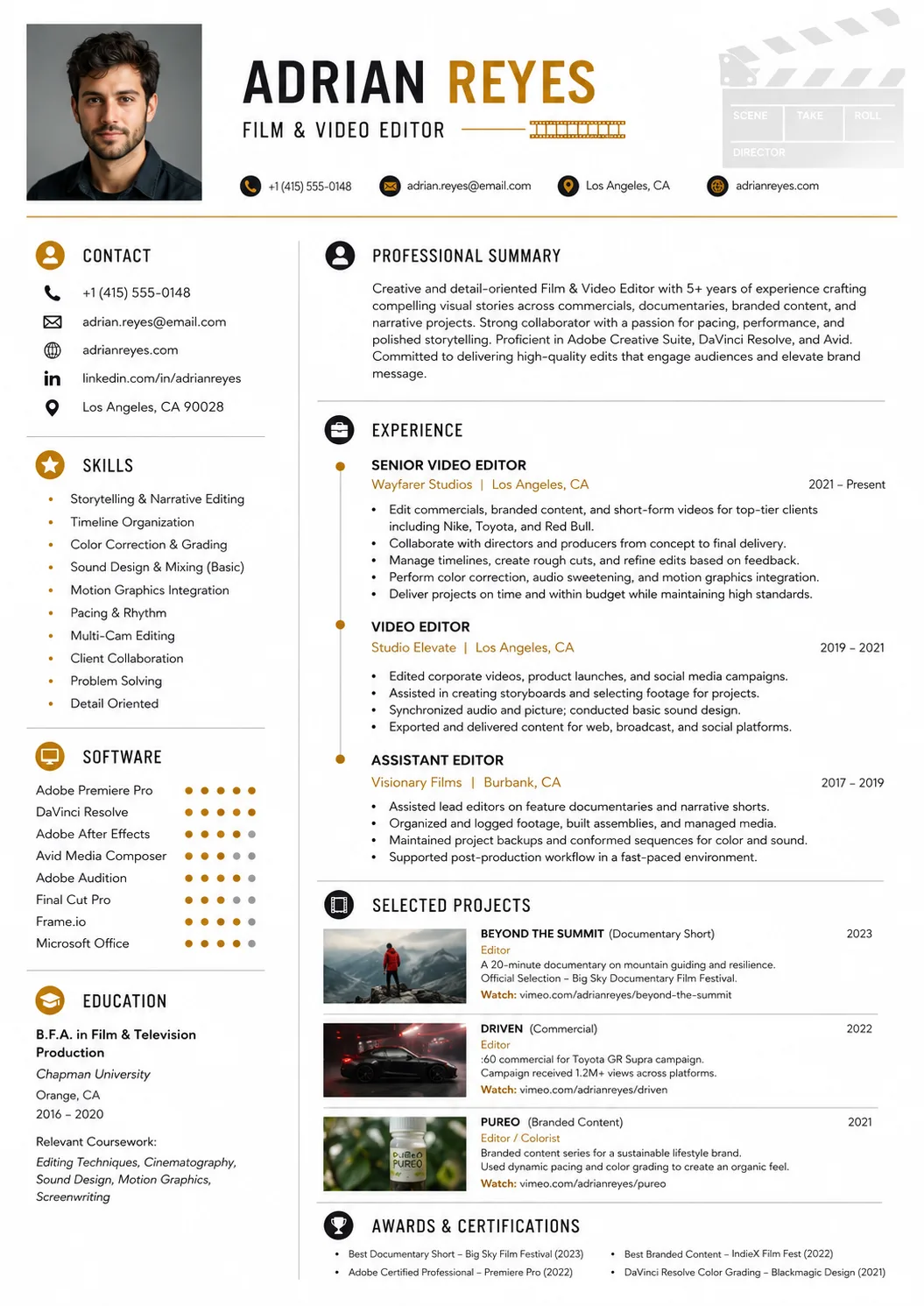Film and Video Editor resume example image