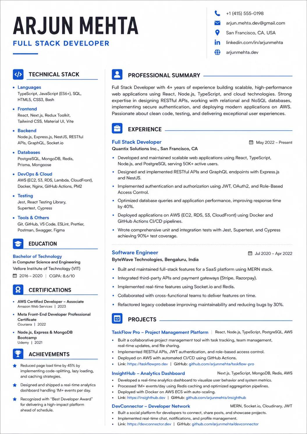 Full Stack Developer resume example image