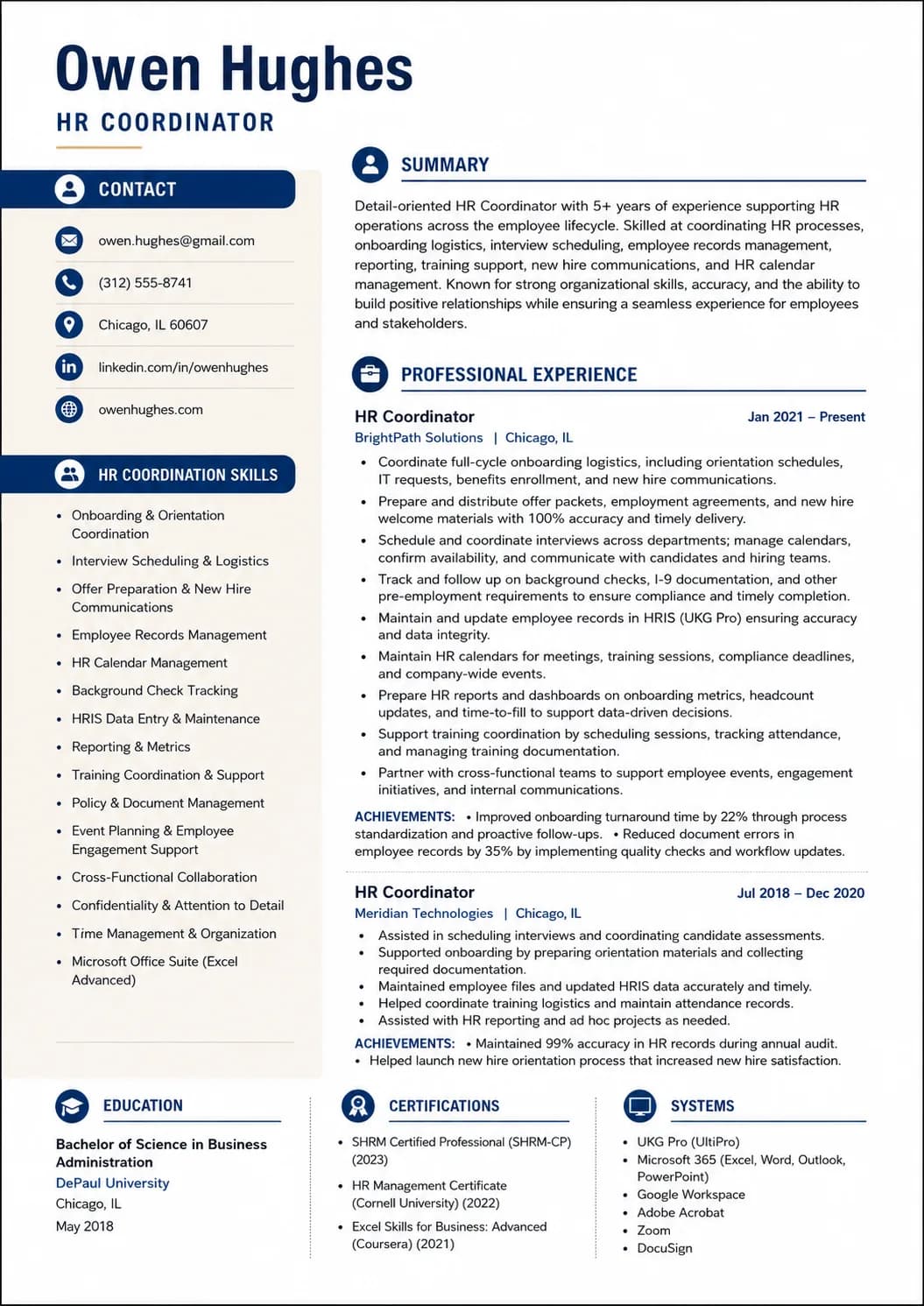 HR Coordinators resume example image