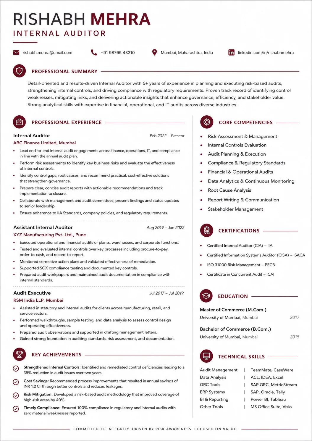 Internal Auditor resume example image