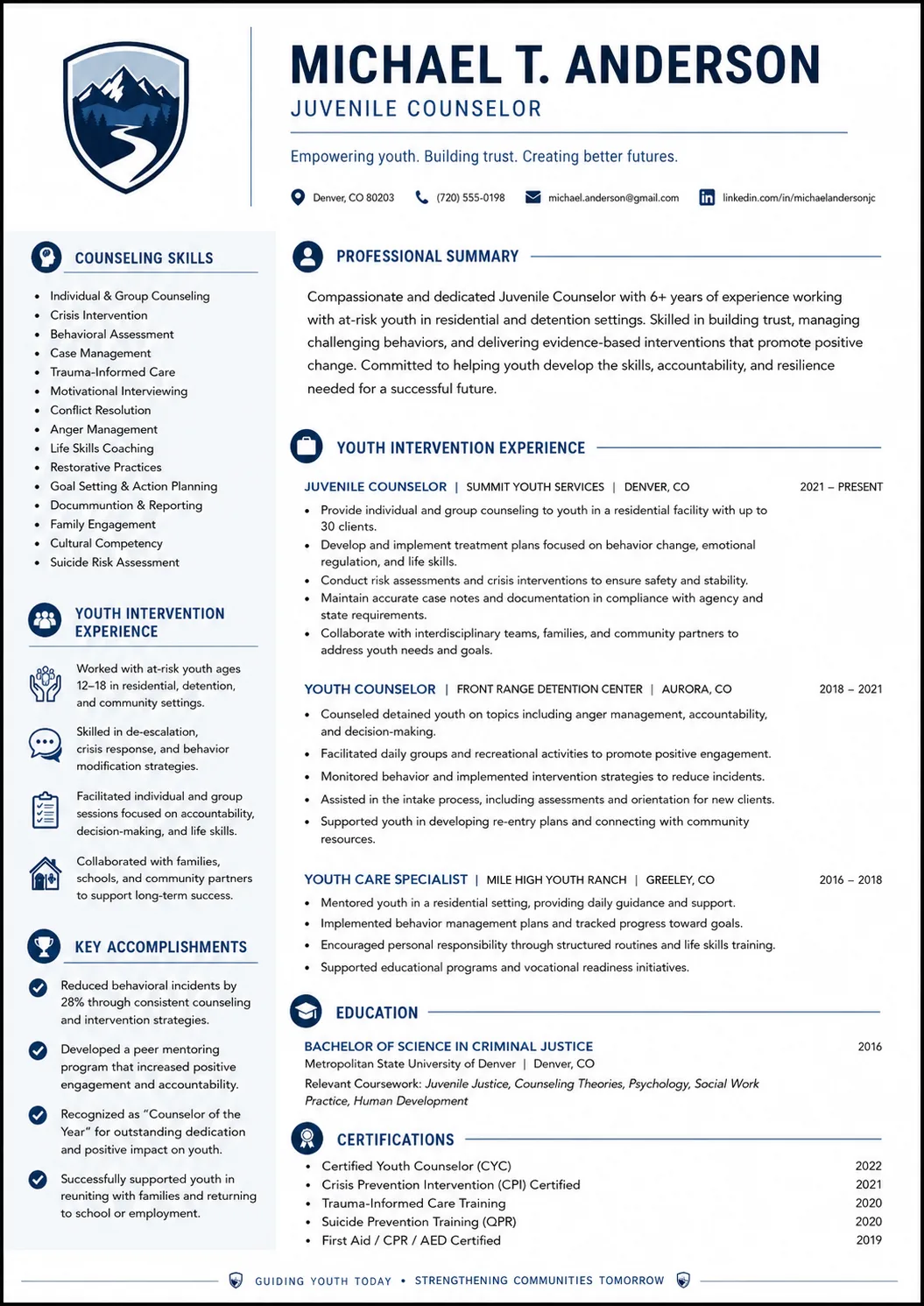 Juvenile Counselor resume example image