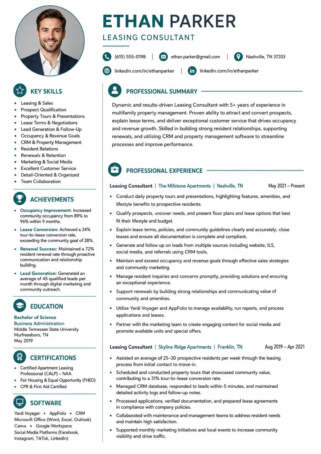 Leasing Consultant resume example image