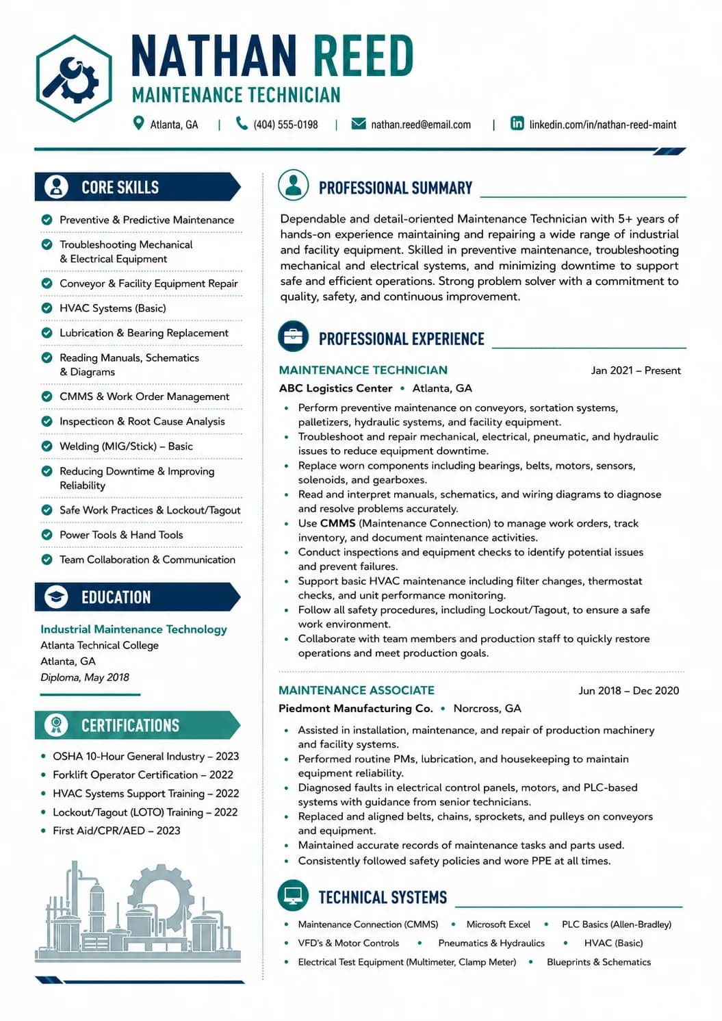 Maintenance Technician resume example image