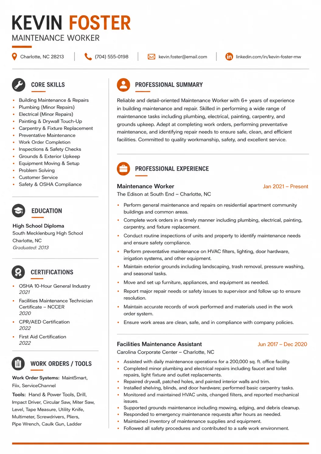 Maintenance Worker resume example image