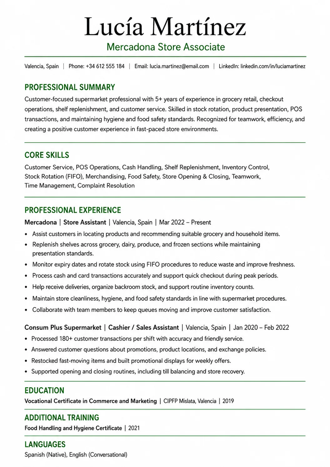 Mercadona resume example image