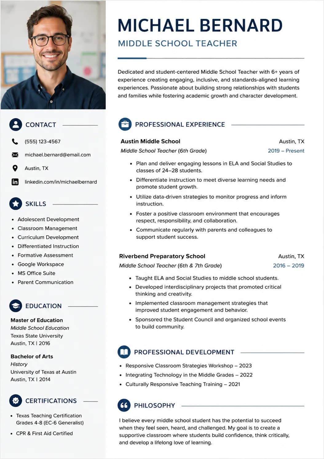 Middle School Teacher resume example image
