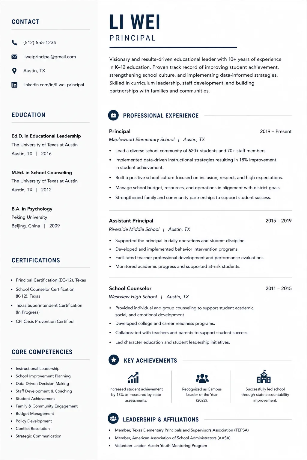 Principal resume example image