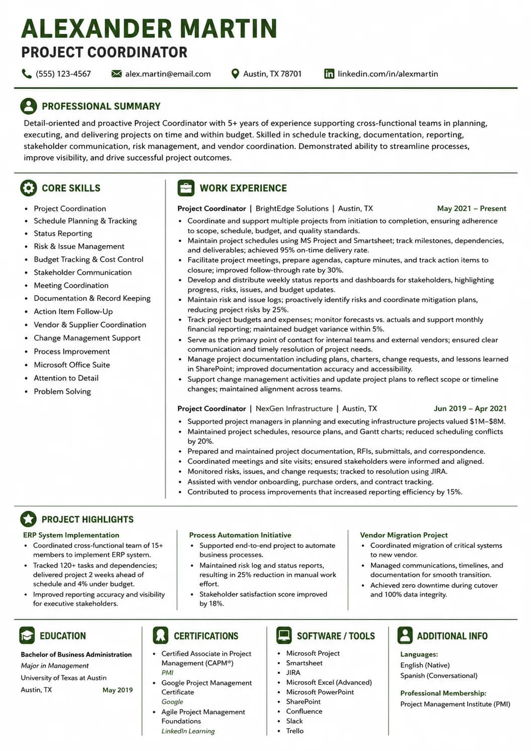 Project Coordinator resume example image