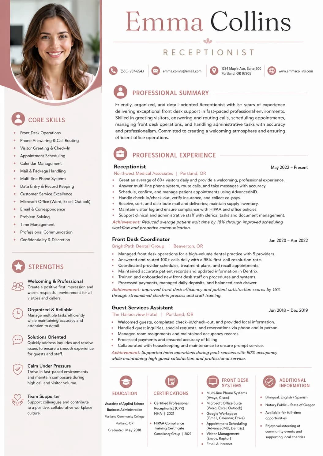 Receptionist resume example image