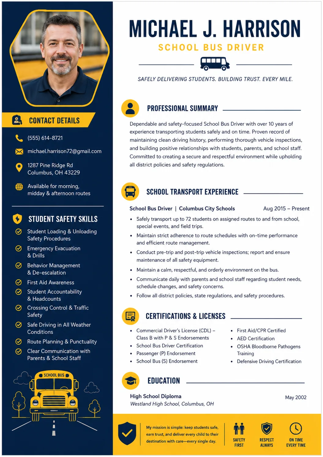 School Bus Driver resume example image