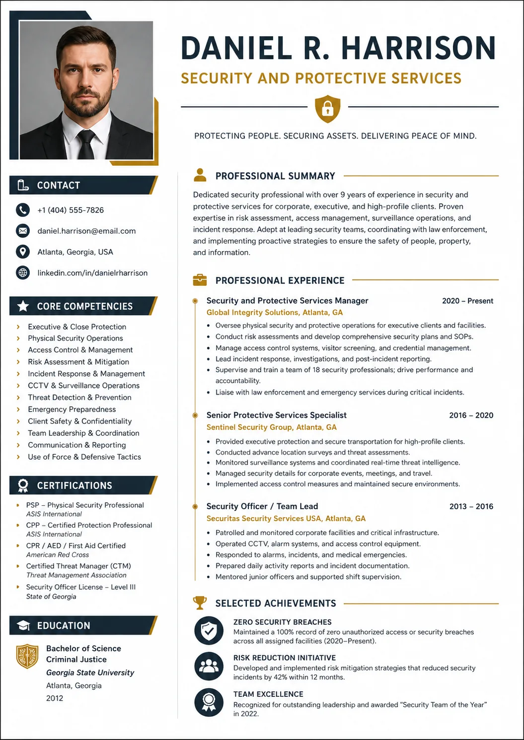 Security and protective services resume example image