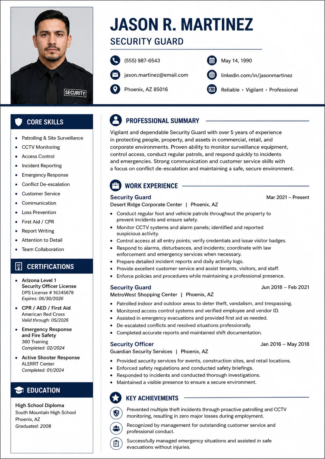 Security Guard resume example preview