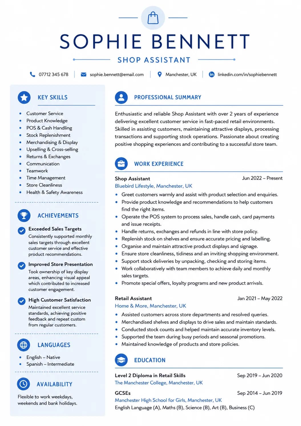 Shop Assistant resume example image