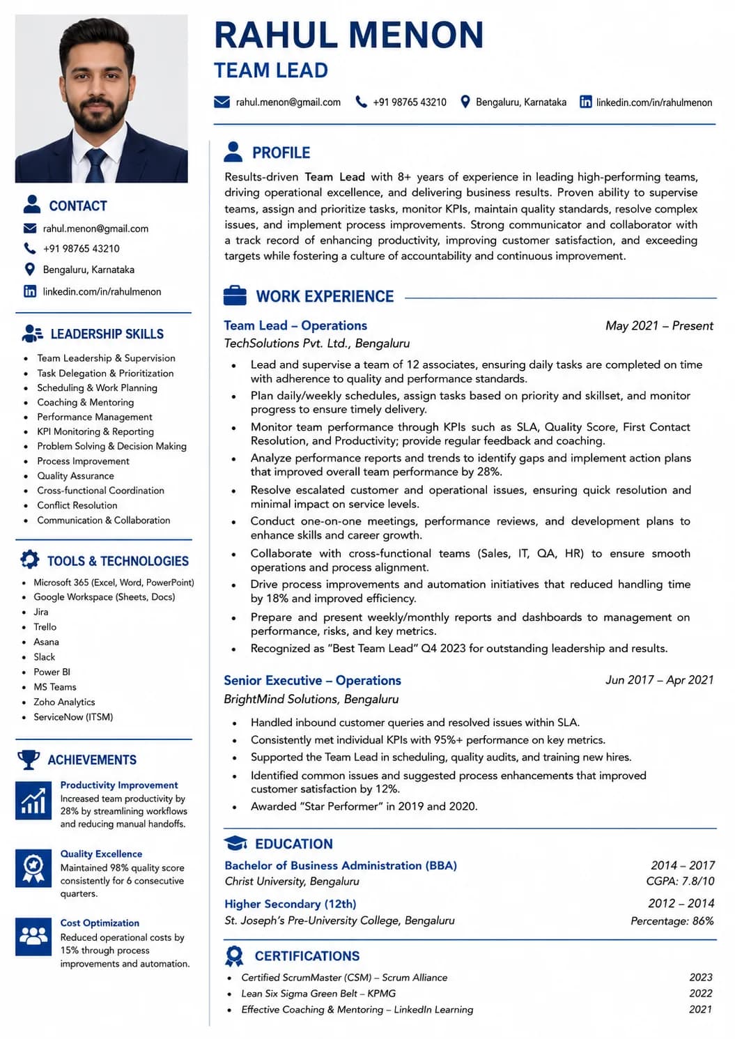 Team Lead resume example preview