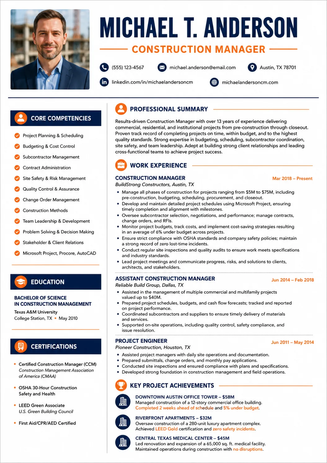 Construction Manager resume preview