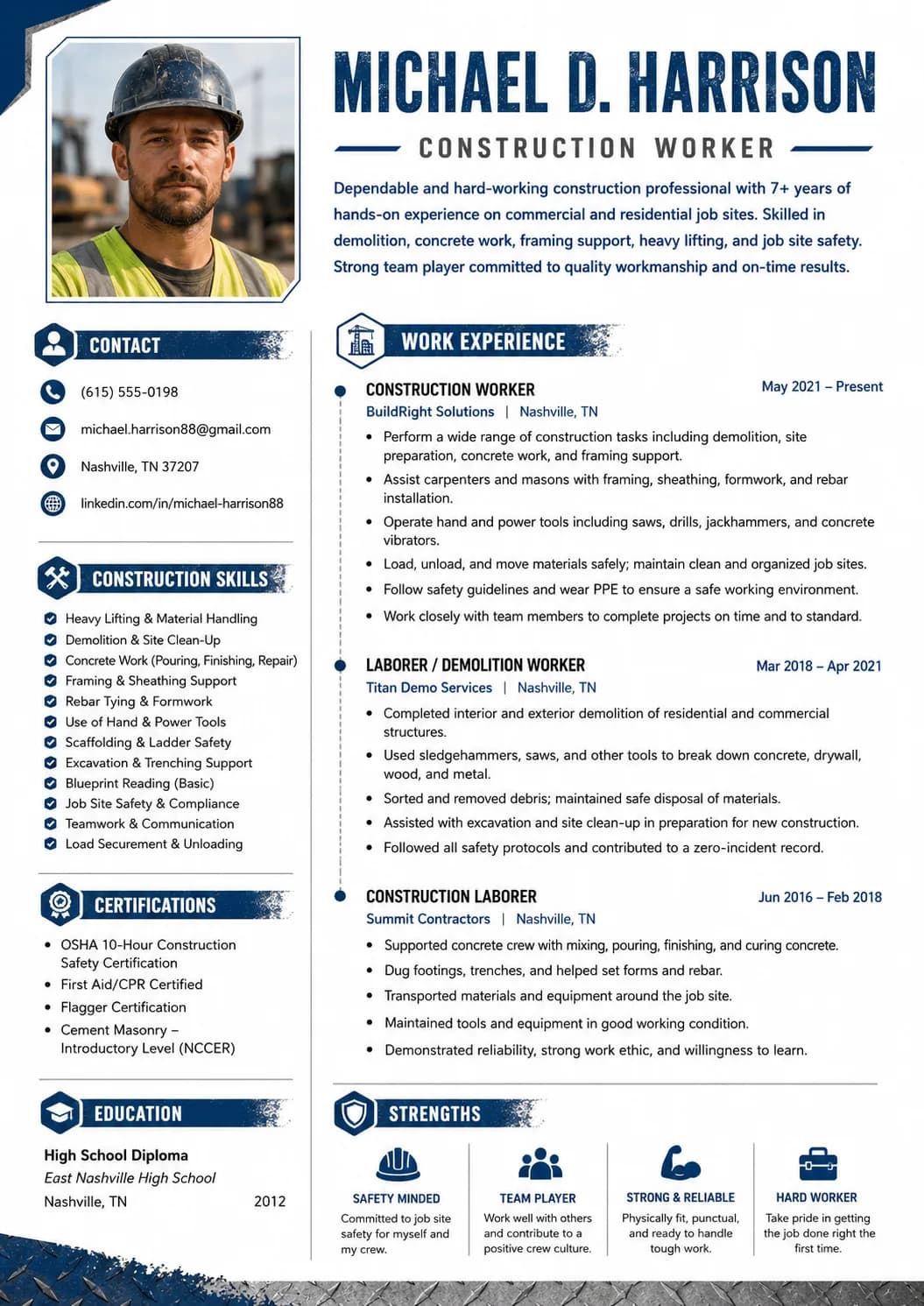 Construction Worker resume preview