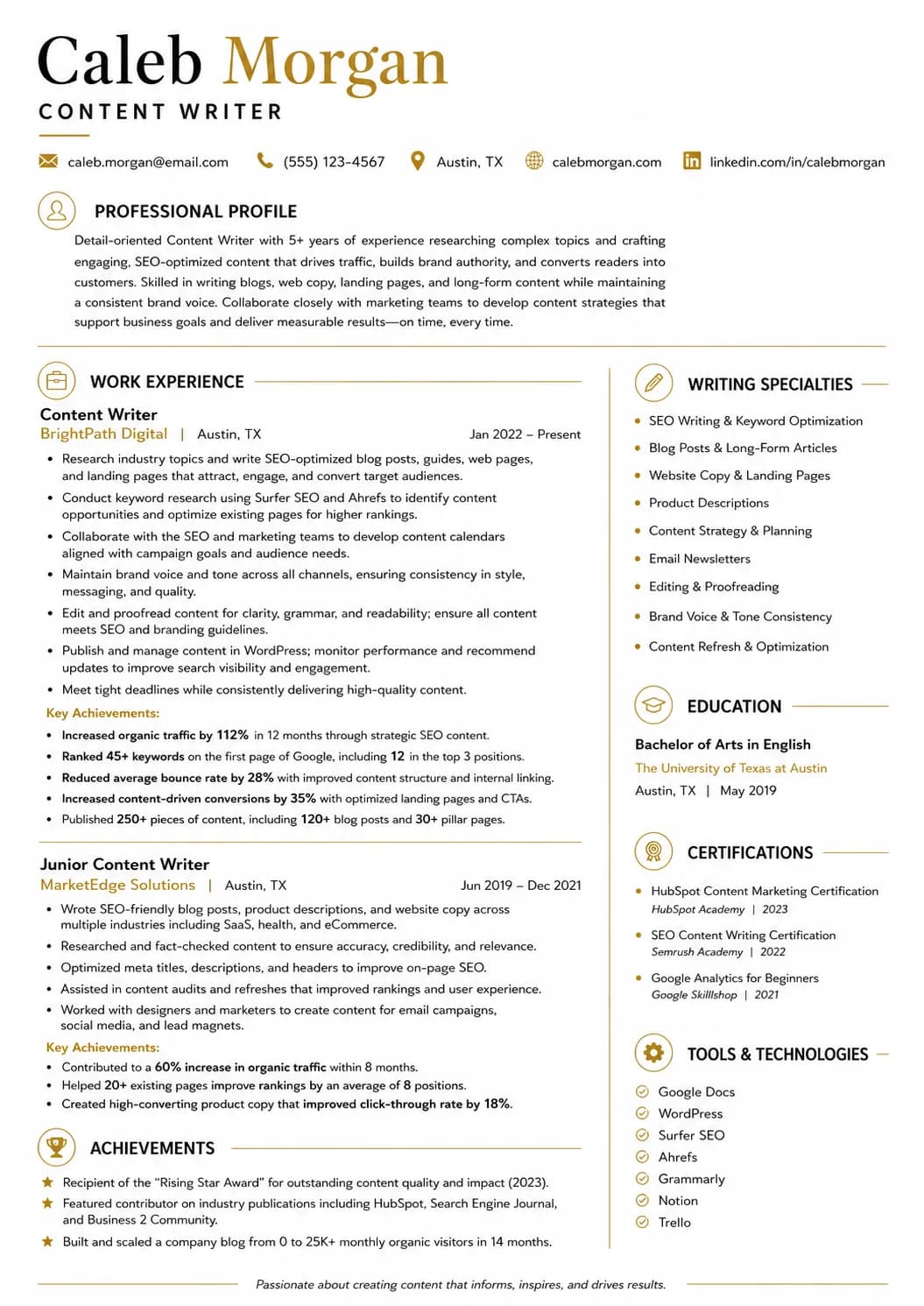 Content Writer resume preview