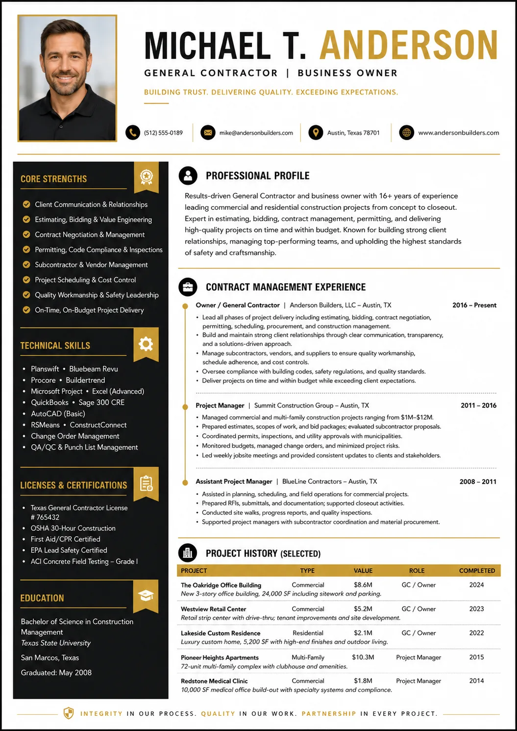 Contractor resume preview